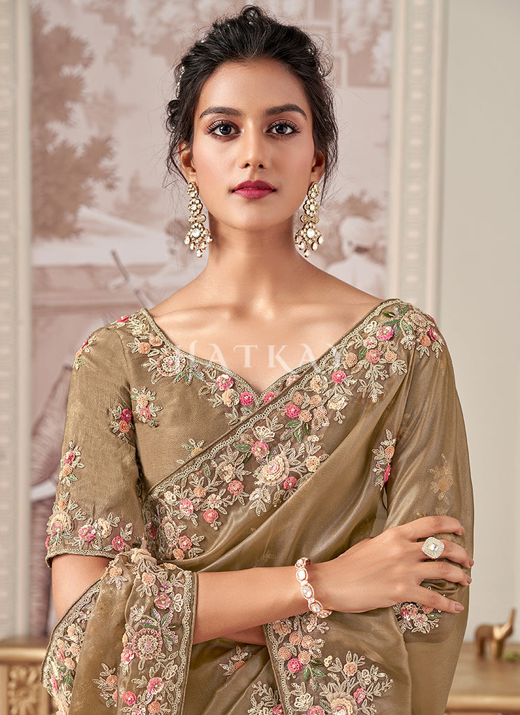 Buy Copper Beige Wedding Saree And Blouse For Engagement In USA