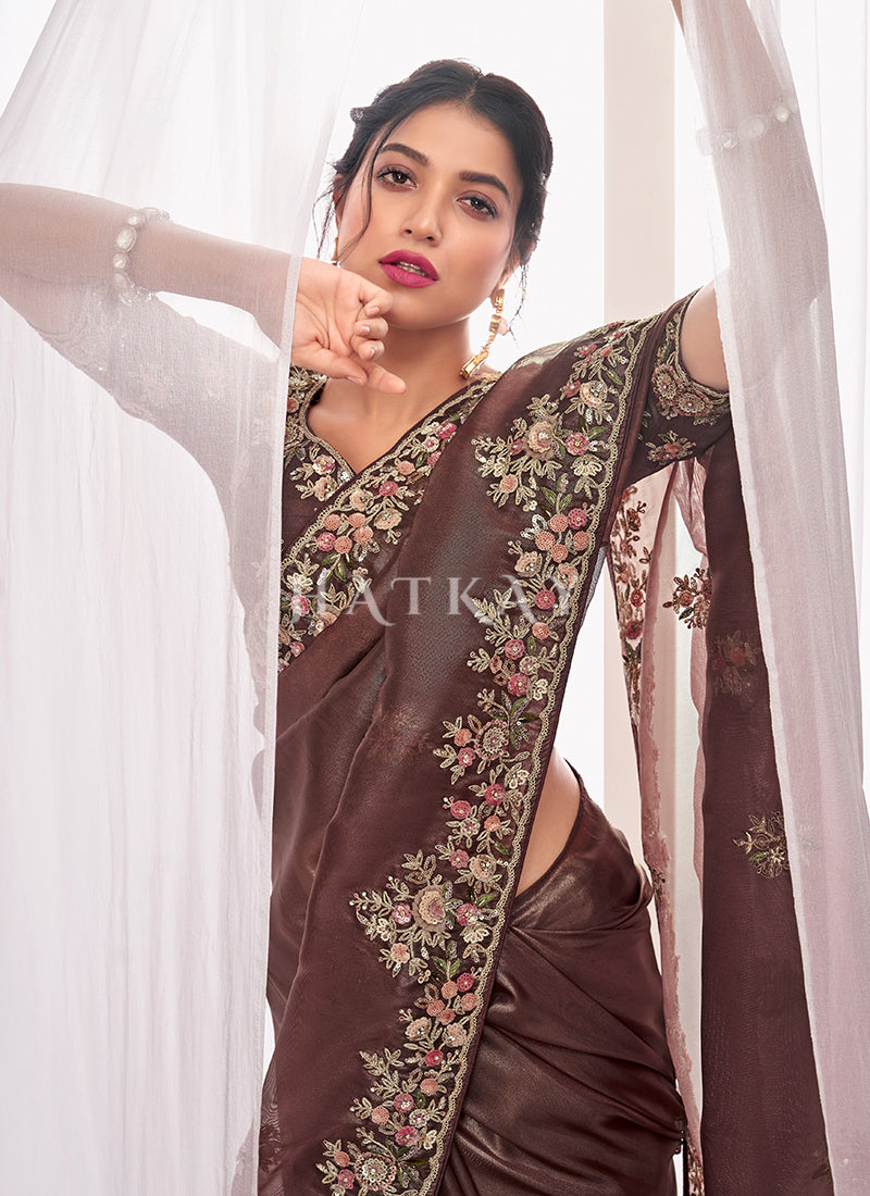 Buy Traditional Dark Brown Wedding Saree And Blouse For Engagement In UK