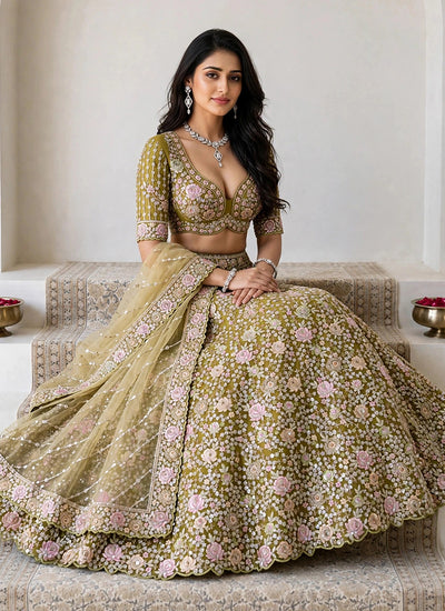 Shop Olive Green Lehenga Choli In UAE