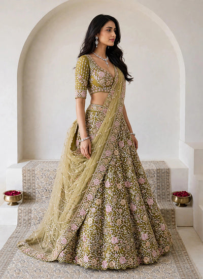 Shop Olive Green Handwork Embroidered Lehenga Choli Online
