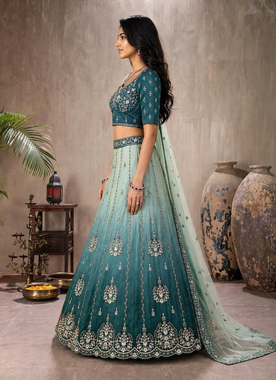 Buy Teal Blue Lehenga Choli Online At Hatkay