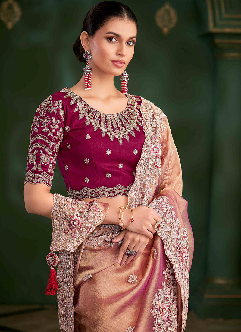 Peach And Red Designer Wedding Saree With Blouse