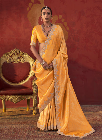 Amber Orange Reshamkari Embroidery Viscose Saree