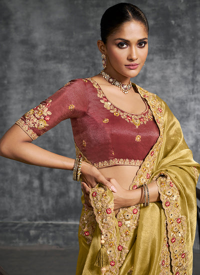 Buy Yellow And Rust Wedding Saree In USA