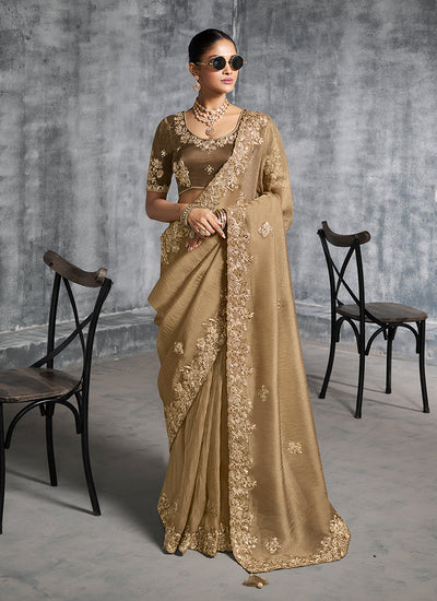 Golden Brown Multi Embroidery Wedding Saree