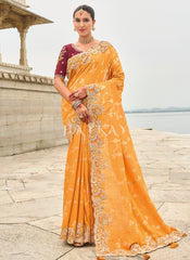 Golden Yellow And Maroon Multi Embroidery Saree
