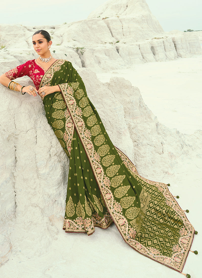 Green And Red Wedding Saree Online