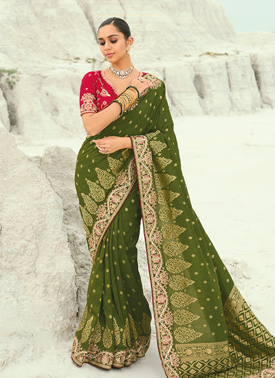 Green And Red Wedding Saree With Blouse