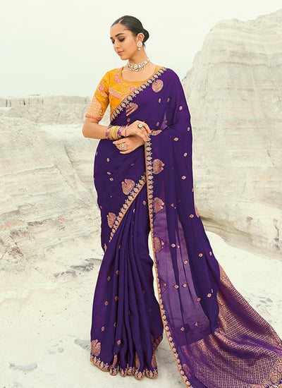 Purple And YellowWedding Saree With Blouse