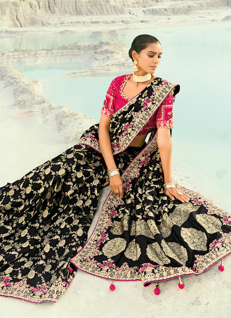 Buy Black And Pink Wedding Saree Online
