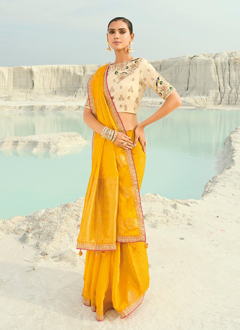 Exclusive Yellow And Cream Traditional Sari - Hatkay