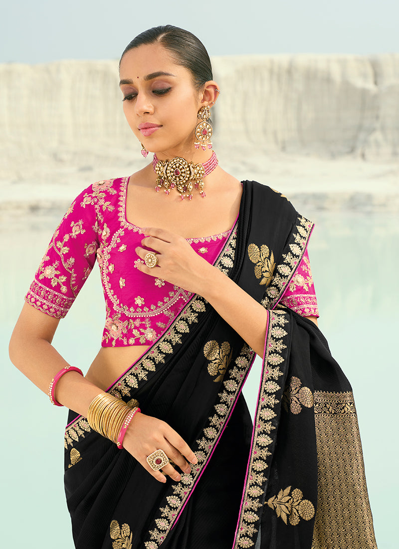Shop Black And Magenta Designer Sari In UK