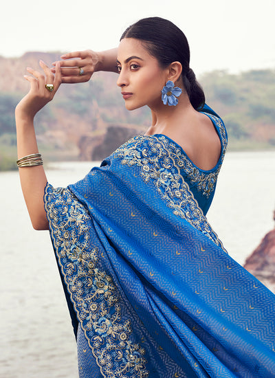 Buy Royal Blue Wedding Saree In USA
