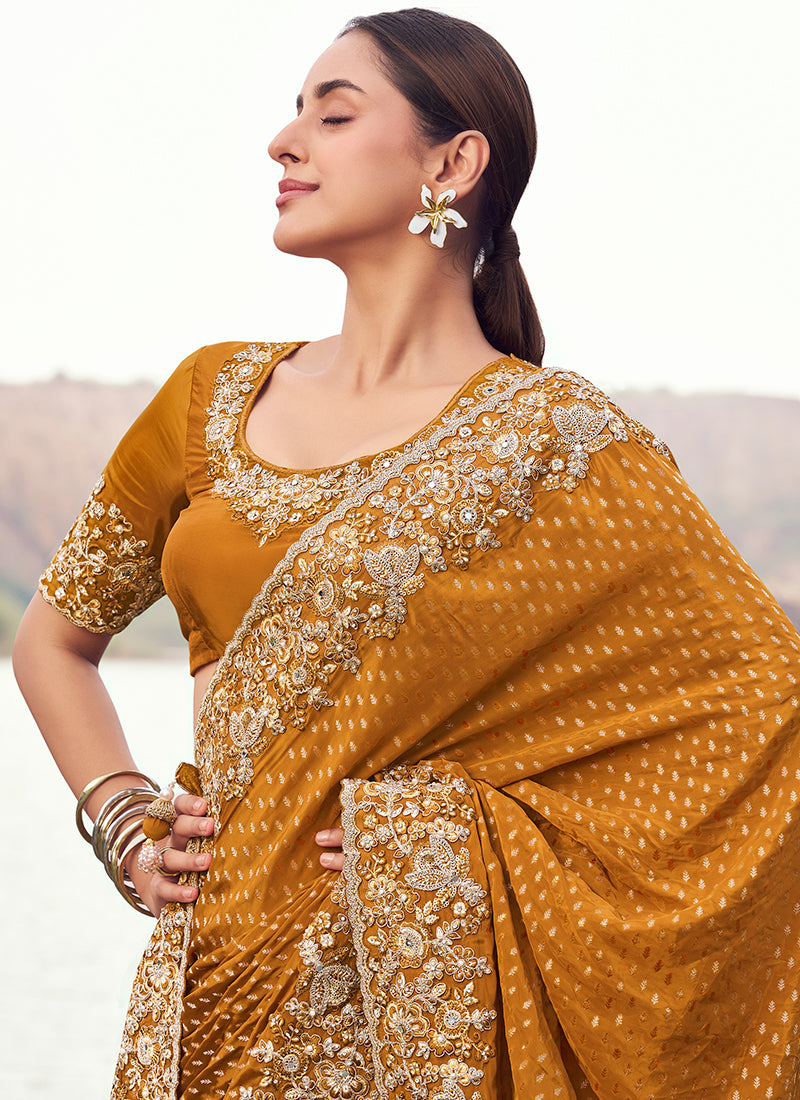 Buy Ochre Yellow Saree In France