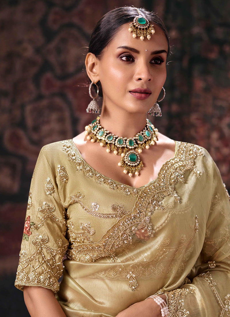 Shop Gold Handwork Embroidery Silk sari In USA