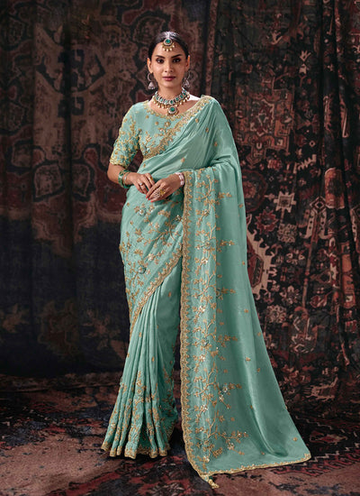 Sea Green Handwork Embroidery Silk Saree