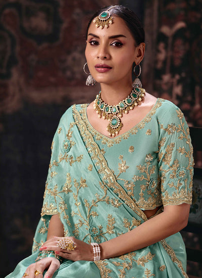 Buy Sea Green Handwork Silk Saree UAE