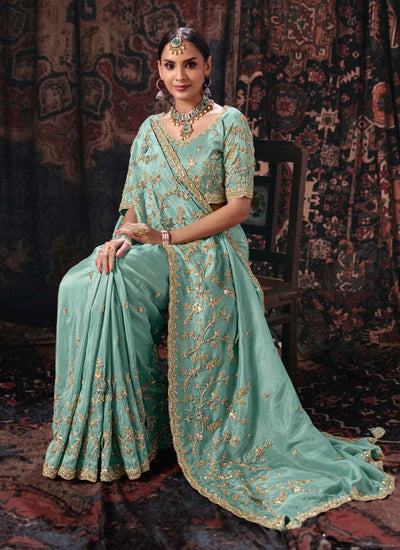 Shop Sea Green Embroidery Silk Sari Online At Hatkay