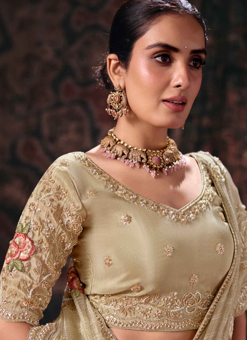 Shop Beige Golden Handwork Silk Sari in Australia