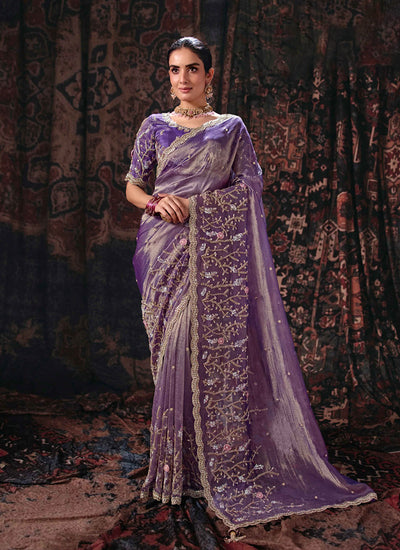 Purple Handwork Embroidery Silk Saree