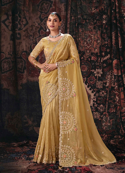 Golden Yellow Handwork Embroidery Silk Saree