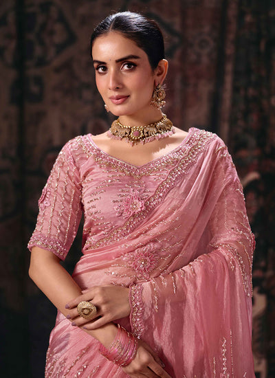 Buy Rose Pink Embroidery Silk Sari France