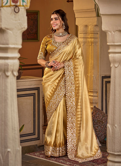 Yellow Traditional Embroidery Silk Saree