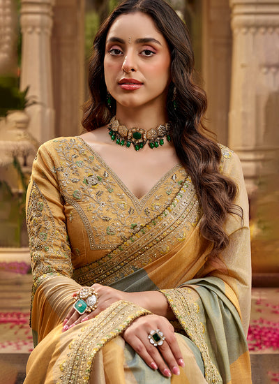 Buy Mustard Yellow Traditional Sari In USA
