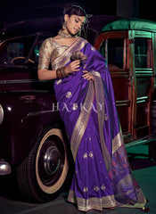 Violet And Beige Embroidered Wedding Silk Saree