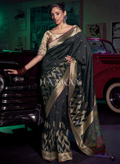 Black And Beige Embroidered Wedding Silk Saree