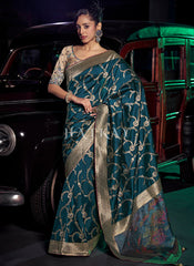 Turquoise And Beige Embroidered Wedding Silk Saree