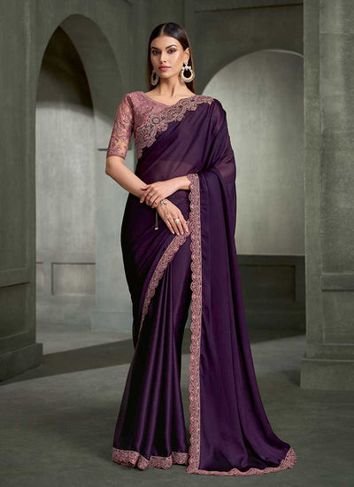 Purple Traditional Embroidered Wedding Saree