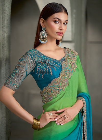 Buy Teal And Green Traditional Wedding Sari In UAE