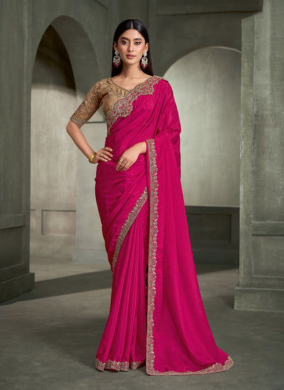 Rani Pink Traditional Embroidered Wedding Saree