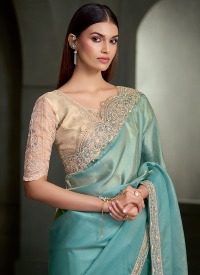 Buy Aqua Blue And Beige Traditional Saree Online