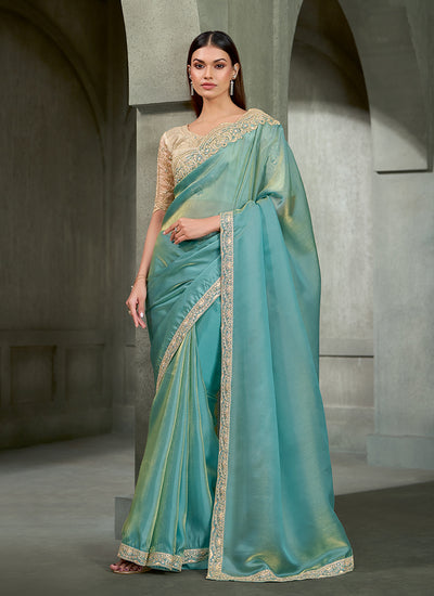 Aqua Blue And Beige Traditional Embroidered Wedding Saree