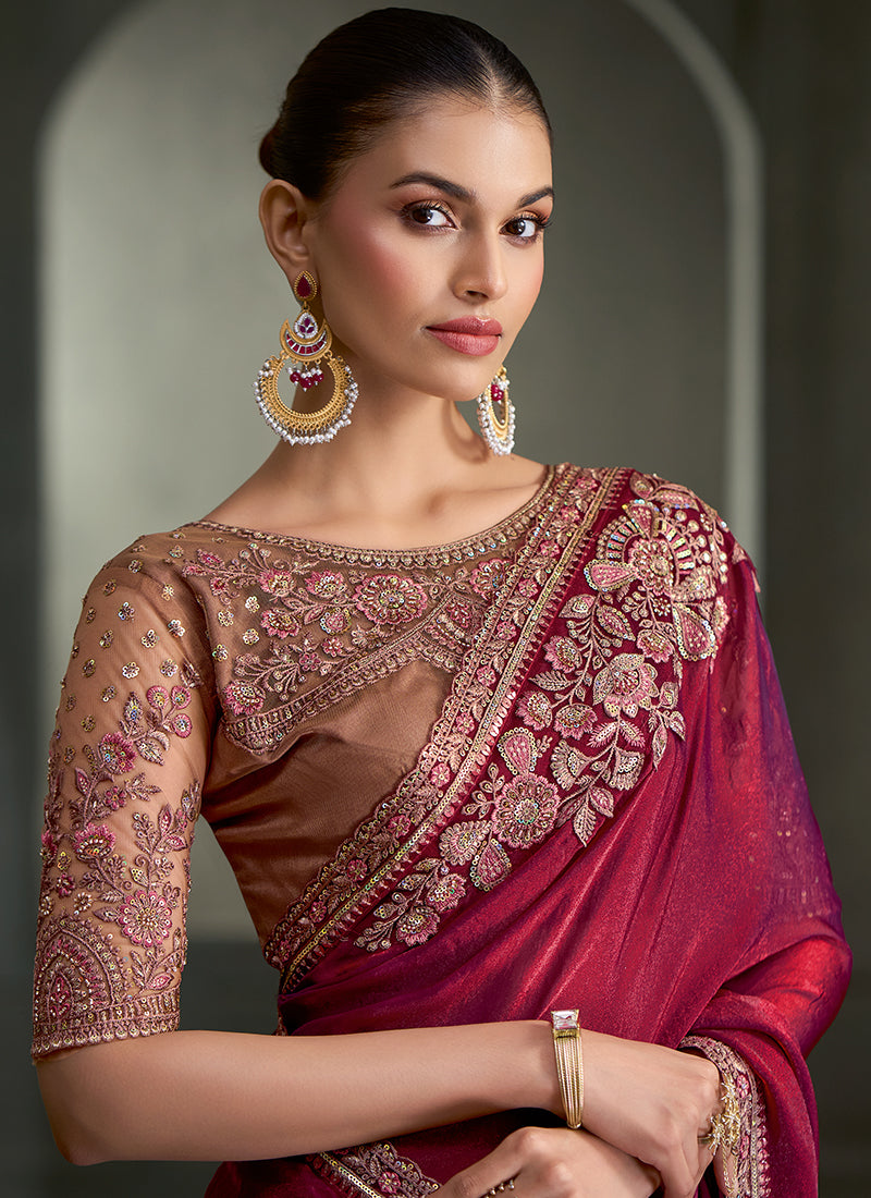Buy Cherry Red Traditional Wedding Saree In USA
