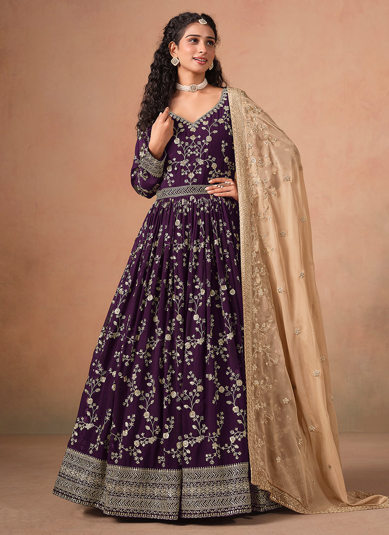 Deep Wine Embroidery Anarkali Suit