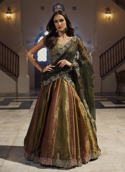 Zarqash – Olive Gold & Antique Rose Lehenga Set