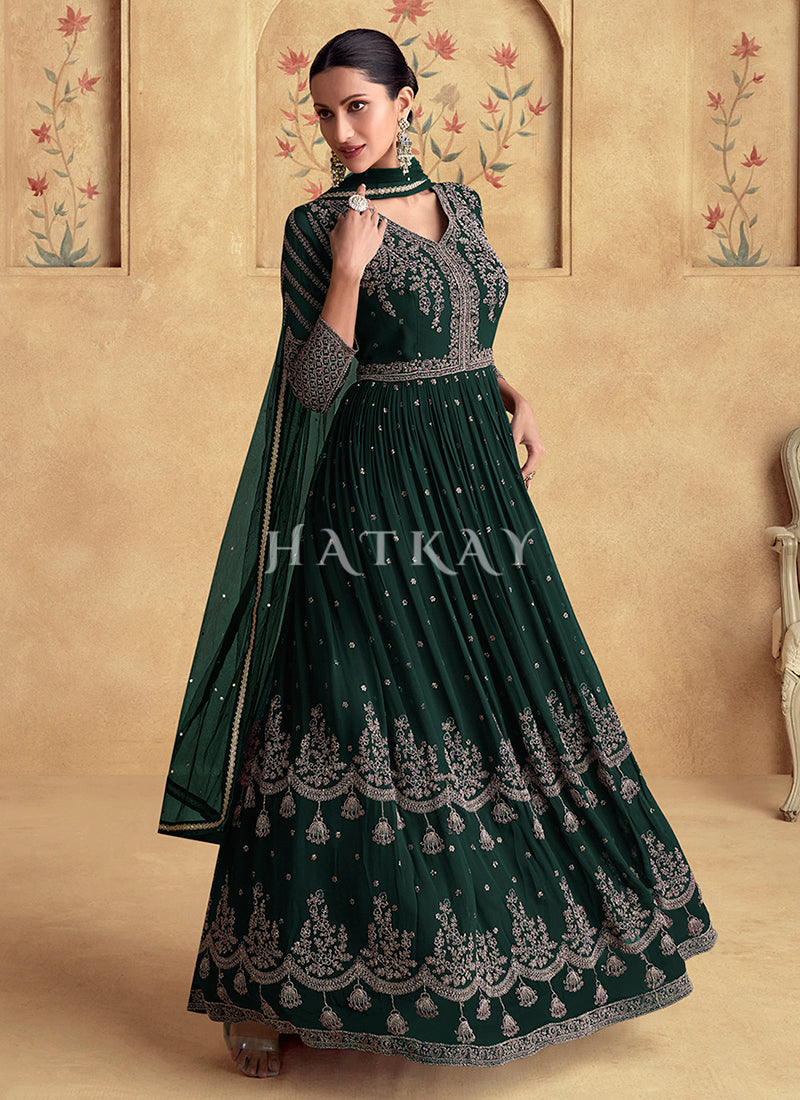 Buy Bottle Green Reshamkari Embroidery Wedding Anarkali Dress | Hatkay Buy Bottle Green Reshamkari Embroidery Wedding Anarkali Dress | Hatkay
