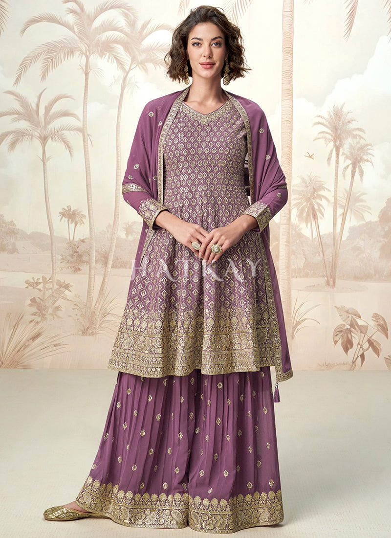 Purple Sequence Embroidery Anarkali Gharara Suit