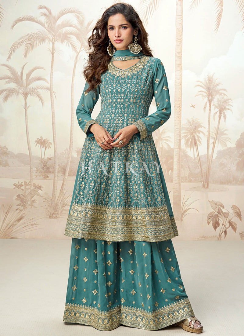 Turquoise Sequence Embroidery Anarkali Gharara Suit