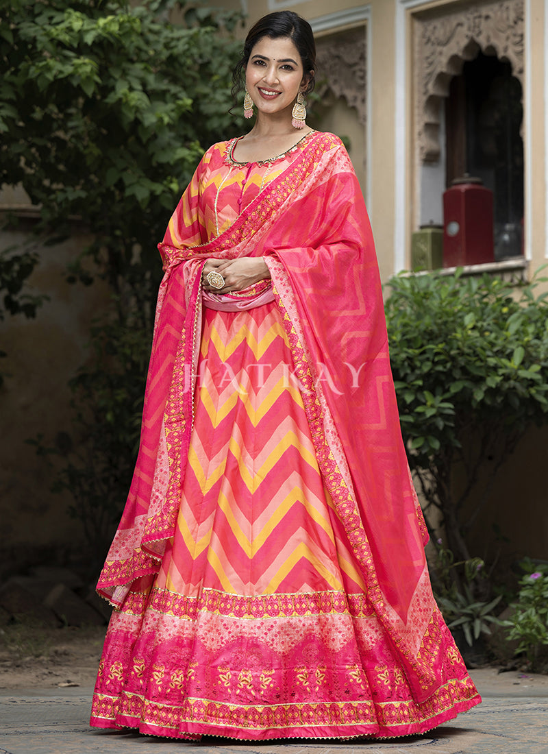 Pinkish Peach Multi-colored Digital Printed Anarkali Gown