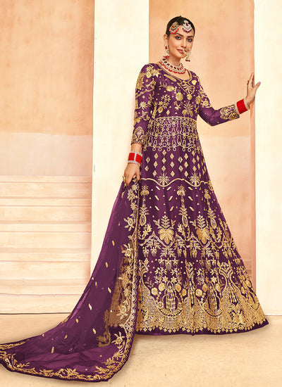 Purple Embroidered Net Anarkali Gown