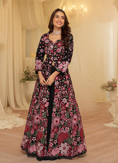 Black Floral Embroidered Slit Style Anarkali Lehenga