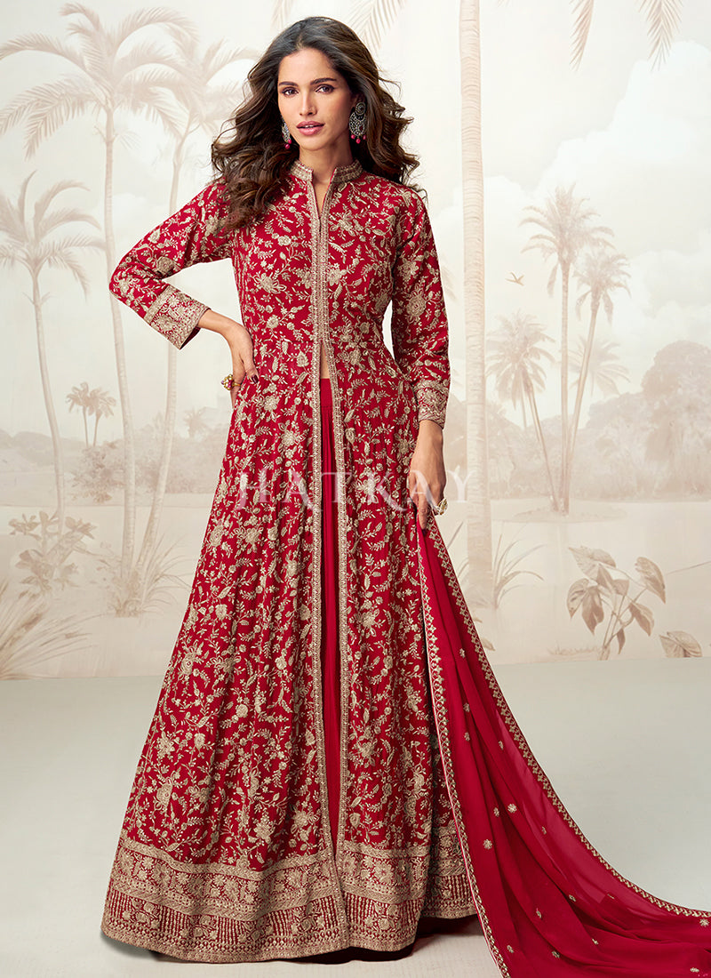 Bridal Red Embroidered Slit Style Anarkali Lehenga