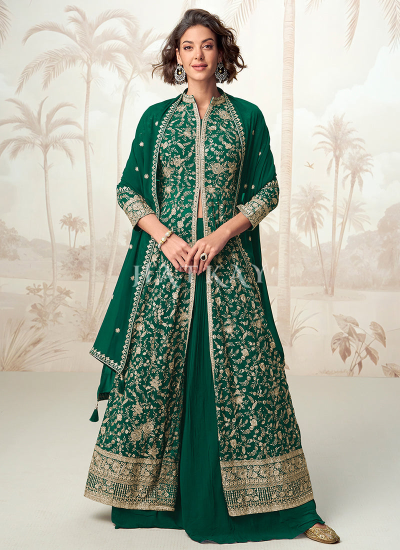 Dark Green Embroidered Slit Style Anarkali Lehenga