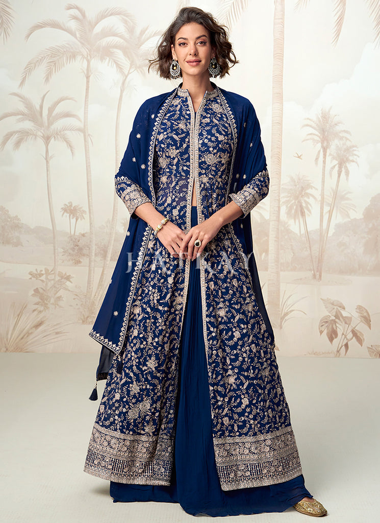 Dark Blue Embroidered Slit Style Anarkali Lehenga