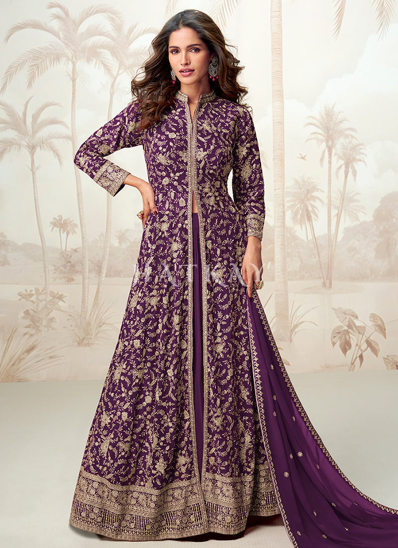 Deep Purple Embroidered Slit Style Anarkali Lehenga