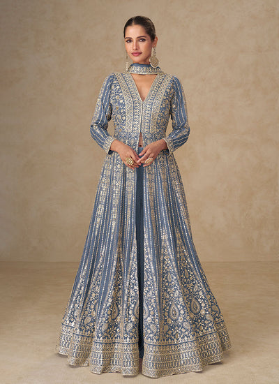 Hazy Blue Embroidered Slit Style Anarkali Lehenga Suit